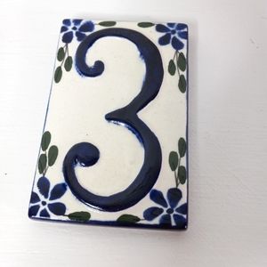 Ceramic Address Number 3 Mexican tile blue and white floral
